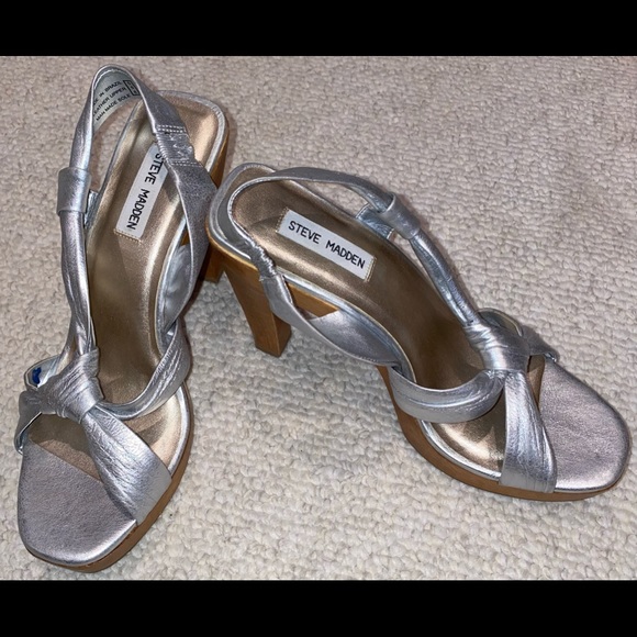 Steve Madden sz 10 Silver Metallic wood platform great party shoes - Picture 2 of 8